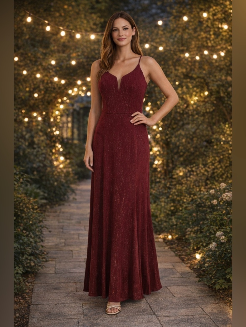 City Triangles Burgundy Sparkle Maxi Dress Size 9 V-Neck homecoming